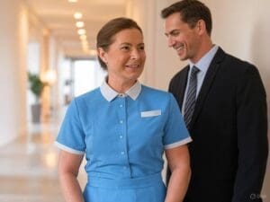 A housekeeper being complimented