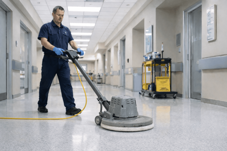Middle-aged custodian operating a gray rotary floor buffer with small transport wheels and a white pad, cleaning a hospital corridor with polished speckled flooring and a yellow janitorial cart in the background