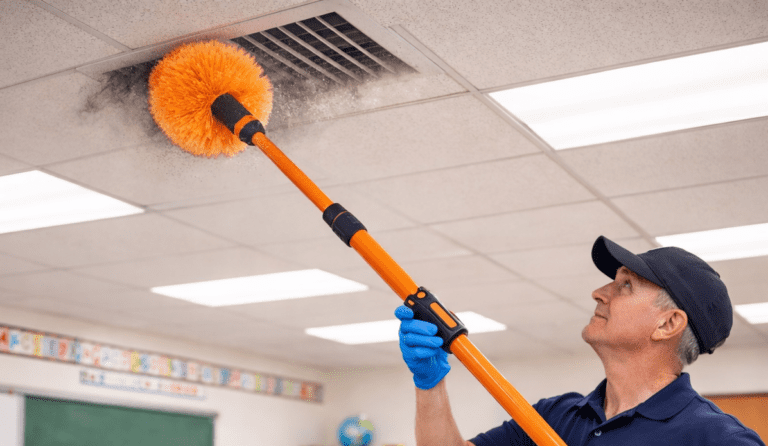 Clean Spin by Fas-Trak drill powered tool removing dust from high ceilings and vents