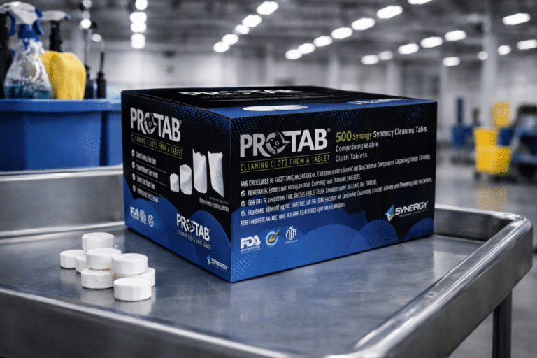 Compressed Pro-Tab expanding into a full-size cleaning cloth in a commercial facility