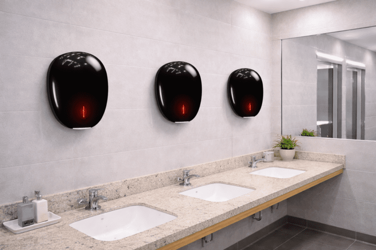 Modern commercial restroom with three Pebble hand dryers mounted on the wall above sinks, clean design and bright lighting.