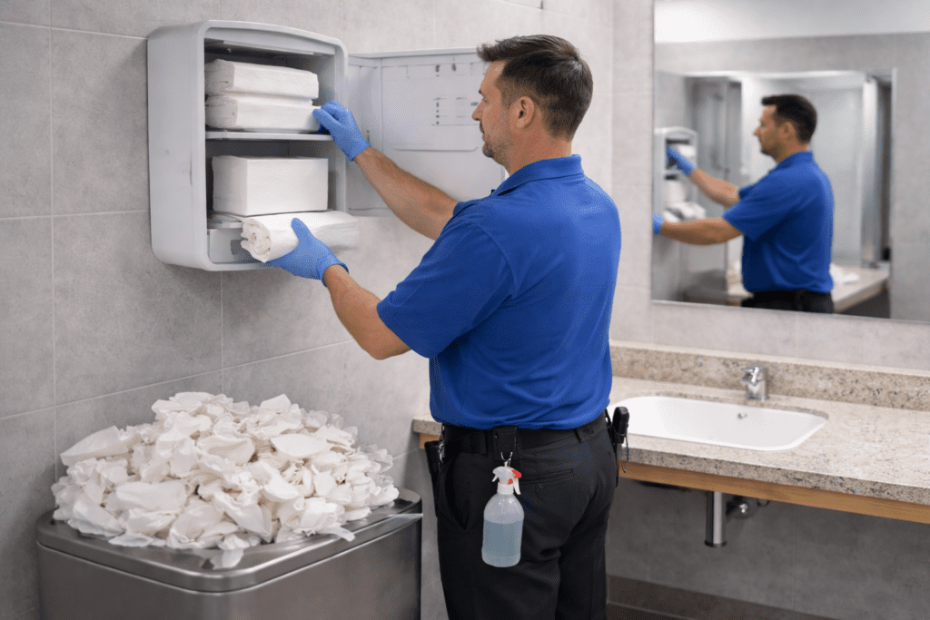 Janitor restocking paper towels in a wall-mounted dispenser in a modern restroom with an overflowing trash bin full of used paper towels nearby.