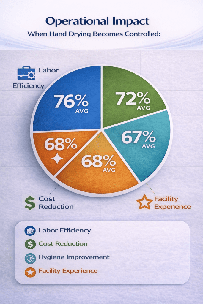 Pie chart infographic showing operational impact of controlled hand drying, including labor efficiency, cost reduction, hygiene improvement, and facility experience with percentage values.
