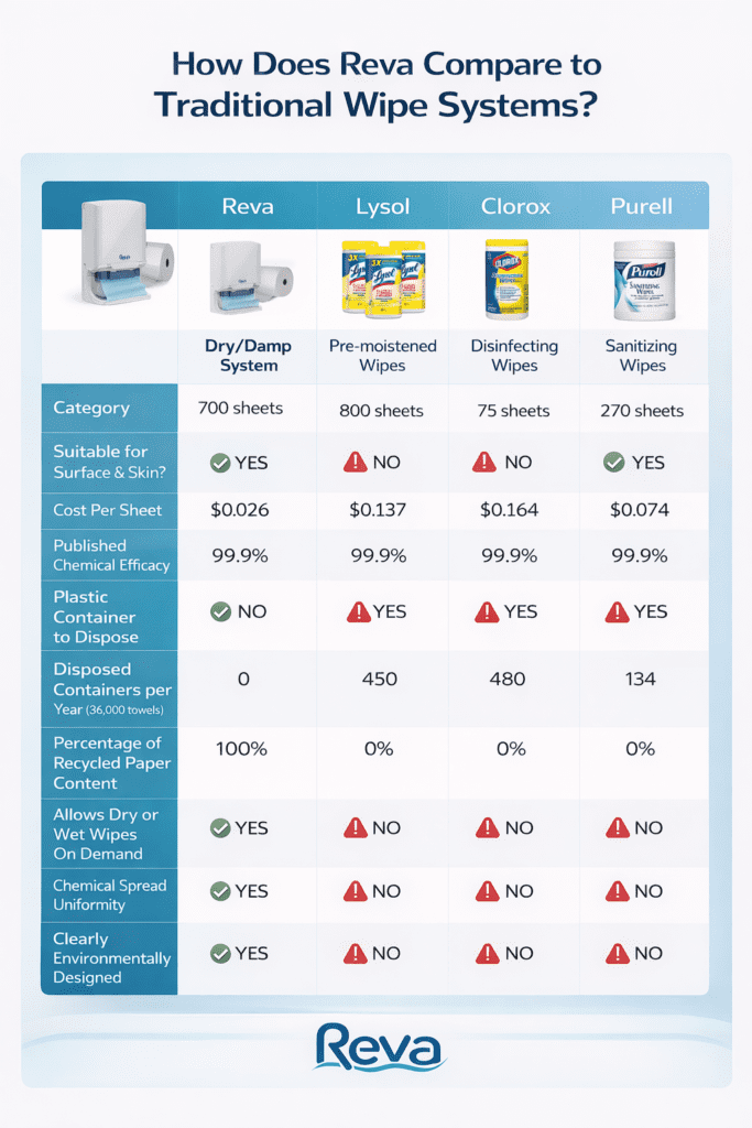 Infographic comparison table showing Reva dry and damp wipe system versus Lysol, Clorox, and Purell wipes, highlighting differences in cost per sheet, waste reduction, chemical consistency, and environmental impact