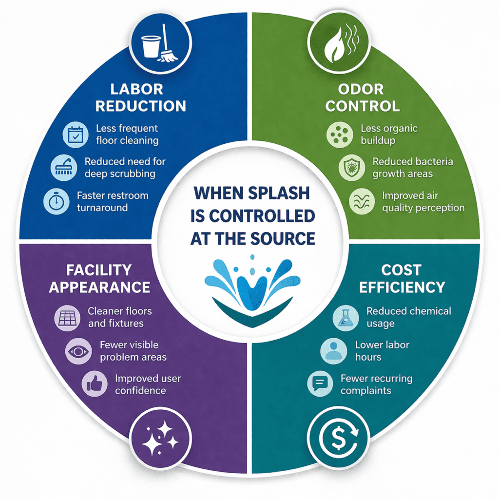 Circular infographic showing benefits of splash control in restrooms, including labor reduction, odor control, improved facility appearance, and cost efficiency with supporting bullet points in each section.