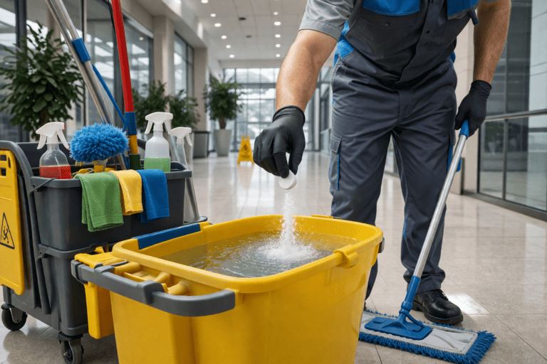 Commercial cleaning staff preparing Fas-Tabs solution for standardized facility cleaning workflows