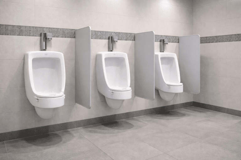 Your-In urinal splash control system installed in a commercial restroom to reduce odor and floor contamination