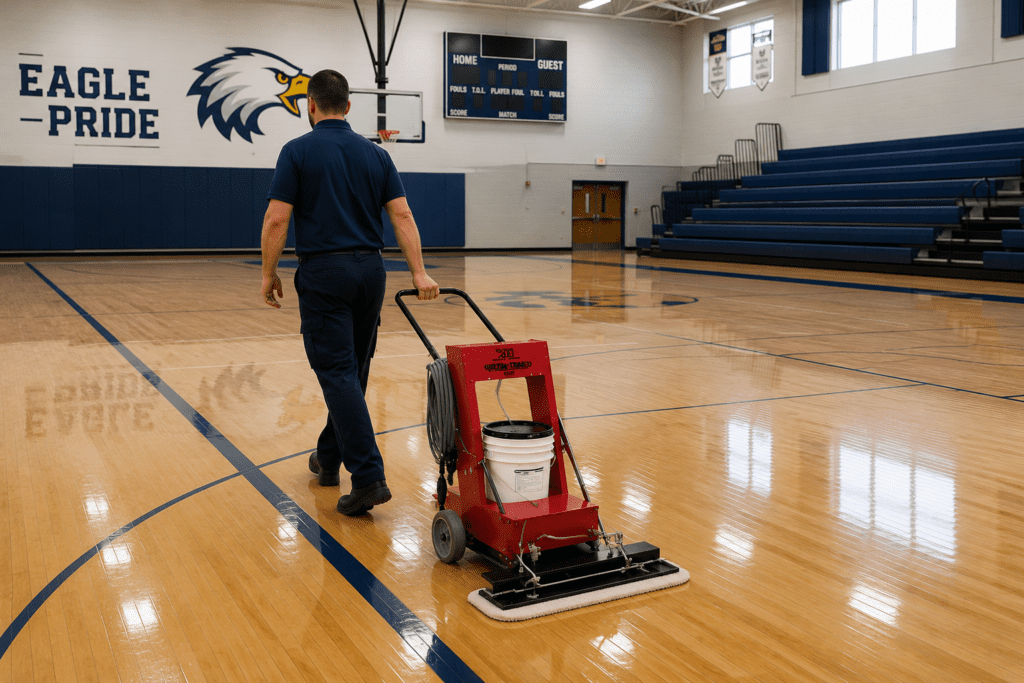 an image of a custodian cleaning a gymnasium with the Ultra-Trak