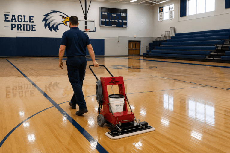 an image of a custodian cleaning a gymnasium with the Ultra-Trak