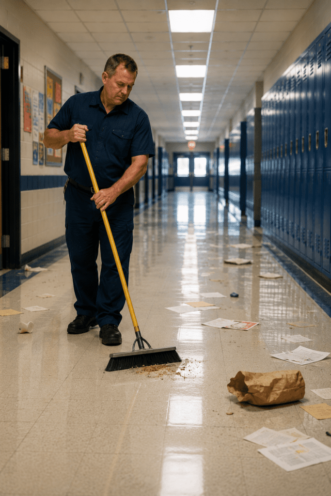 Custodian sweeping an empty school hallway after students leave for summer break.