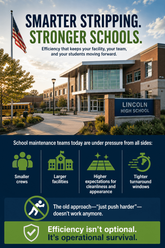 Portrait infographic of a high school exterior highlighting maintenance challenges including smaller crews, larger facilities, higher cleanliness expectations, and tighter turnaround times, emphasizing the need for operational efficiency