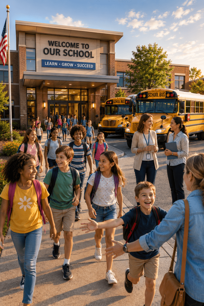 image of healthy school children at the end of the day leaving school, school buses parked, teachers talking, parents greeting children.