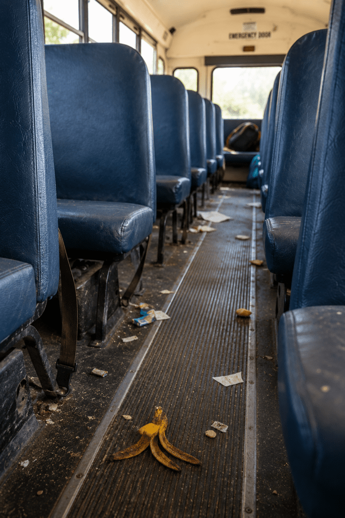 image of a school bus with blue seats at the end of the day with an old banana and debris littering the Iles.