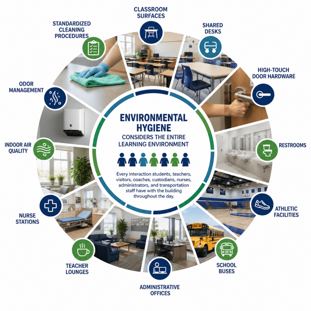 image showing that environmental hygiene considers every aspect of the learning system from the clasrrom to the restroom to the locker room to the office.