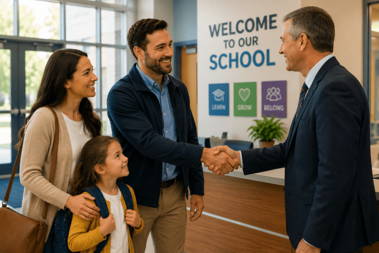 parents meeting with the principle in a new well kept school. they are happy and pleased at how nicely kept the school is.