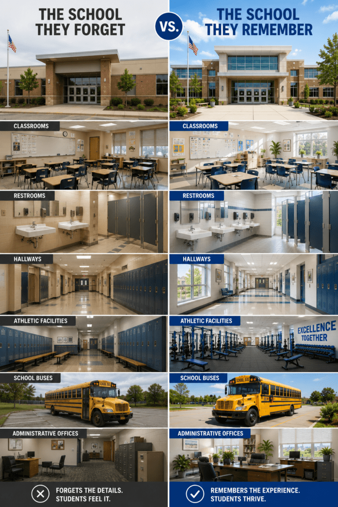 Split comparison of two modern schools showing how clean, well-maintained educational environments create stronger first impressions through brighter classrooms, cleaner restrooms, organized hallways, updated athletic facilities, well-kept school buses, and welcoming administrative offices.