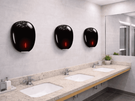 Modern commercial restroom with three Pebble hand dryers mounted on the wall above sinks, clean design and bright lighting.