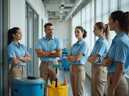 A cleaning crew is waiting for training to begin