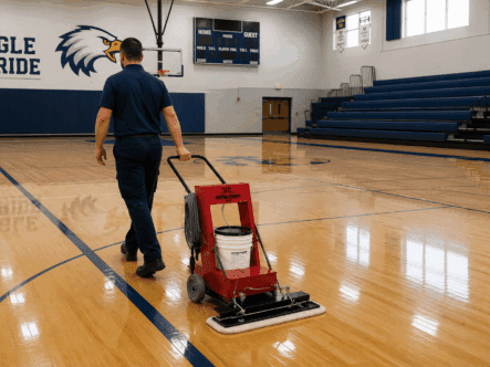 an image of a custodian cleaning a gymnasium with the Ultra-Trak