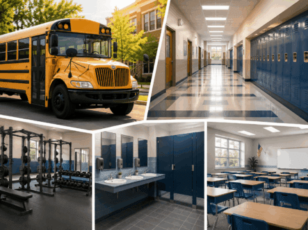 Collage of educational facility environments including a school bus, hallway lockers, classroom, restroom, and athletic training room, highlighting key areas for school sanitation and odor-control programs.