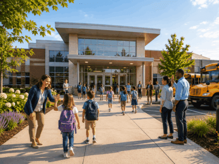 Parents and students arriving at a clean, modern school entrance with welcoming teachers and well-maintained facilities supporting a healthy learning environment.