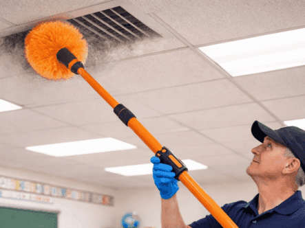 Clean Spin by Fas-Trak drill powered tool removing dust from high ceilings and vents
