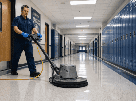 Image of a middle aged maintenance worker in a school using a floor machine in an empty hallway.