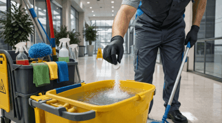 Commercial cleaning staff preparing Fas-Tabs solution for standardized facility cleaning workflows