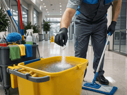 Commercial cleaning staff preparing Fas-Tabs solution for standardized facility cleaning workflows