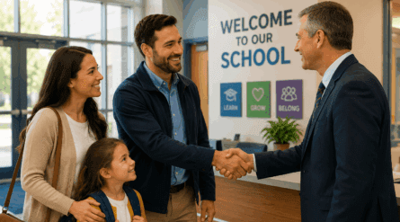 parents meeting with the principle in a new well kept school. they are happy and pleased at how nicely kept the school is.
