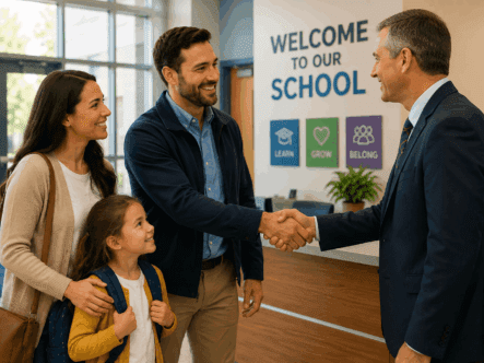 parents meeting with the principle in a new well kept school. they are happy and pleased at how nicely kept the school is.