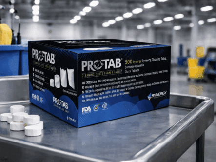 Compressed Pro-Tab expanding into a full-size cleaning cloth in a commercial facility